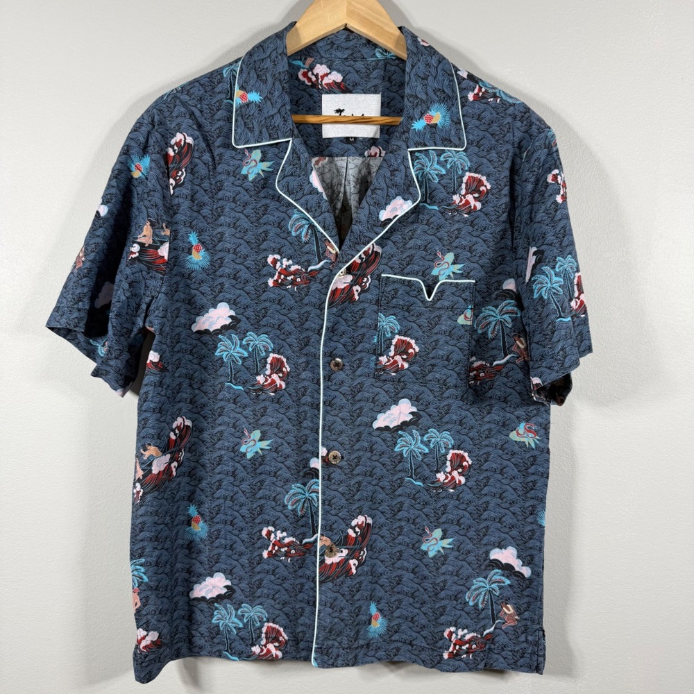 Tombolo Hokusai Wave Graphic Button-Up Shirt Navy Blue M